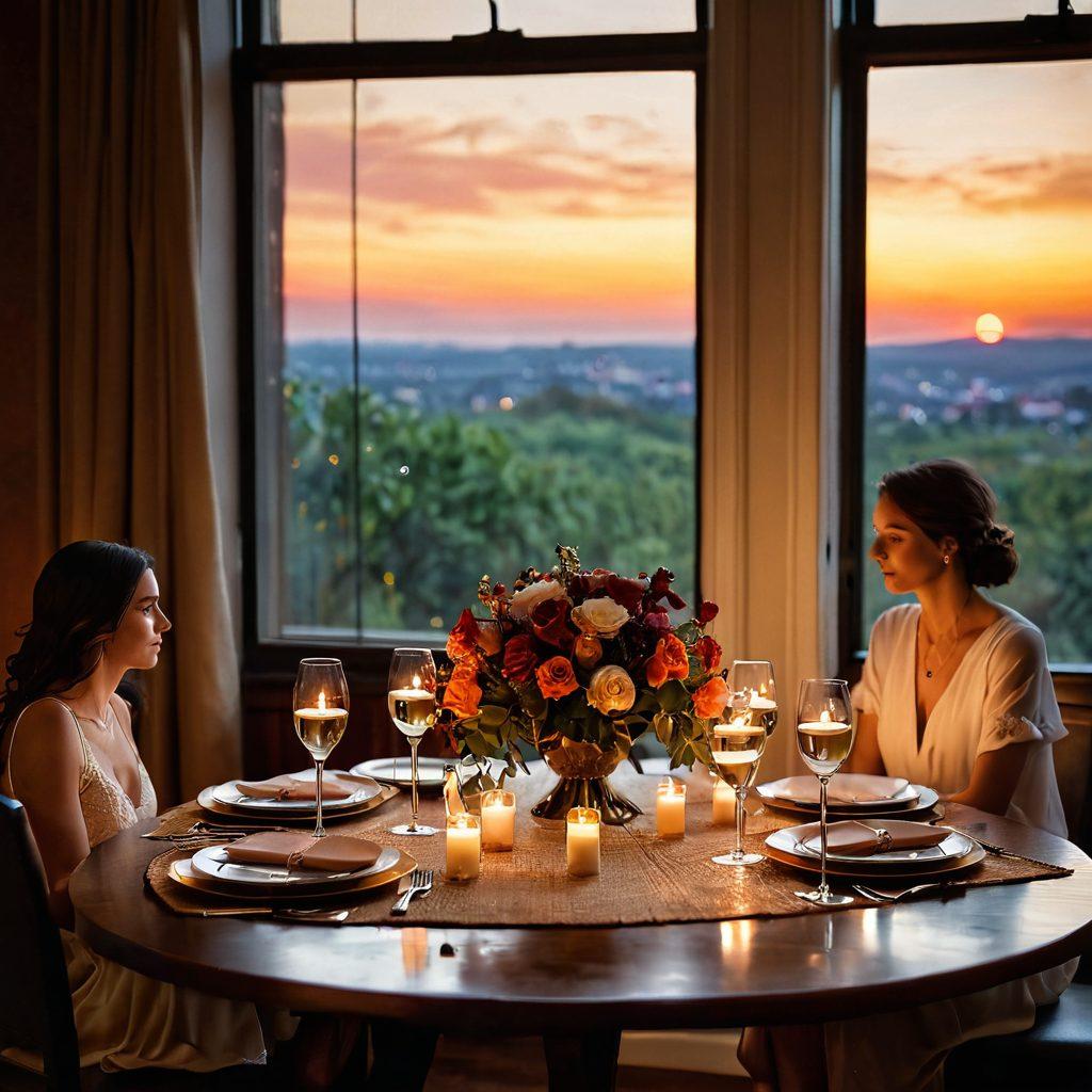 A romantic dinner setting, with a beautifully set table adorned with candles and soft flower arrangements. Two elegant wine glasses and a steaming dish on the table, while a couple shares an intimate moment, gazing into each other's eyes. The warm glow of sunset can be seen through an open window, casting a cozy ambiance. Soft textures and rich colors enhance the warmth of the scene. super-realistic. warm tones. soft focus.